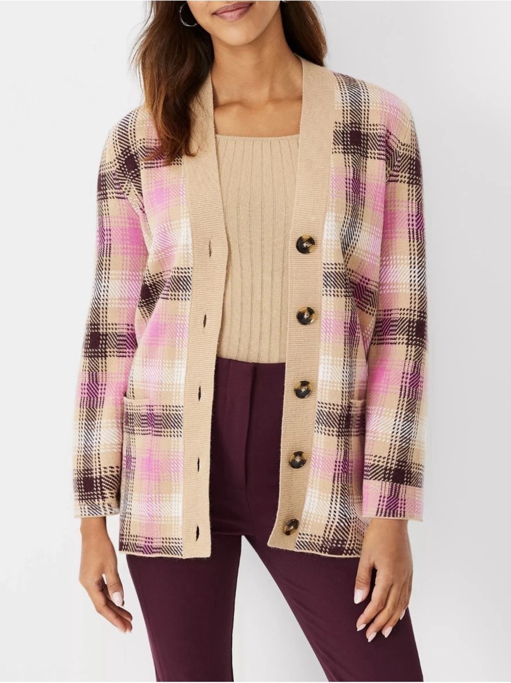 Ann Taylor Plaid Cardigan Sweater XS Coatigan Cozy Knit Preppy Layered Style